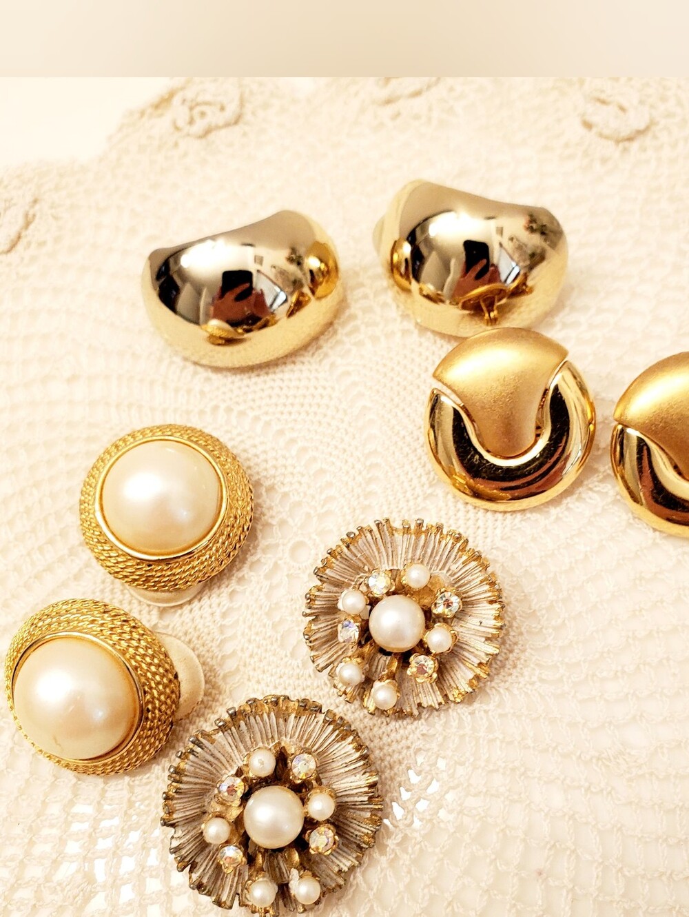 Gold Pearl Cluster Clip-On Earrings Lot, BSK, MONET, unsigned, 4 Pair